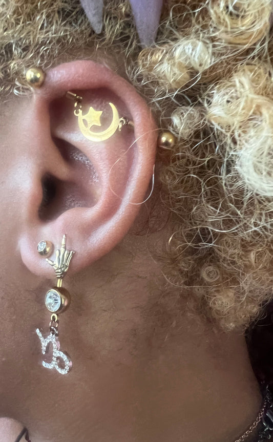 Pictured: Mecca Industrial Bar, F*** you Tragus , and Zodiac belly Ring, at the bottom 